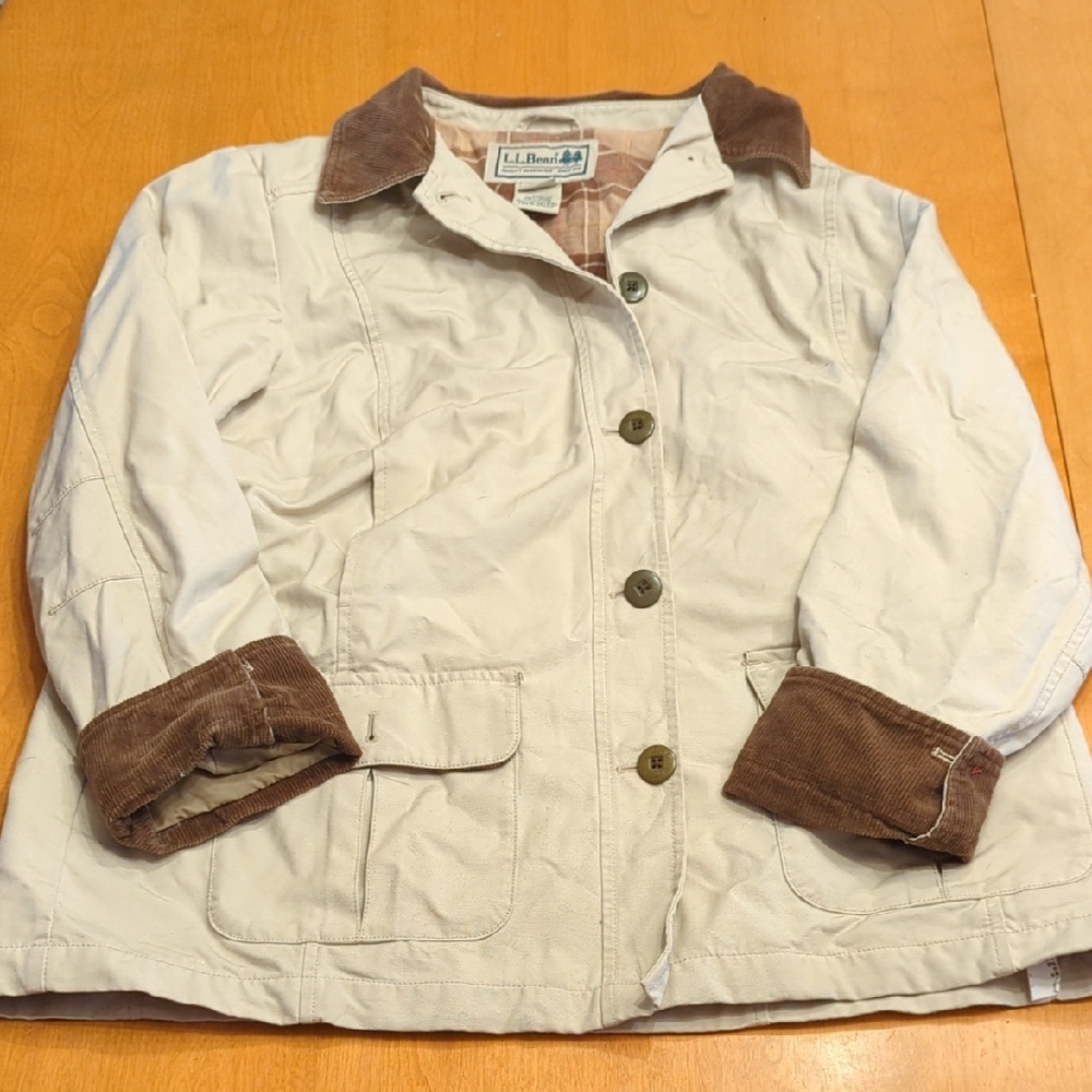 L.L. Bean Women's Beige Chore Coat Jacket with Corduroy Trim Size Large